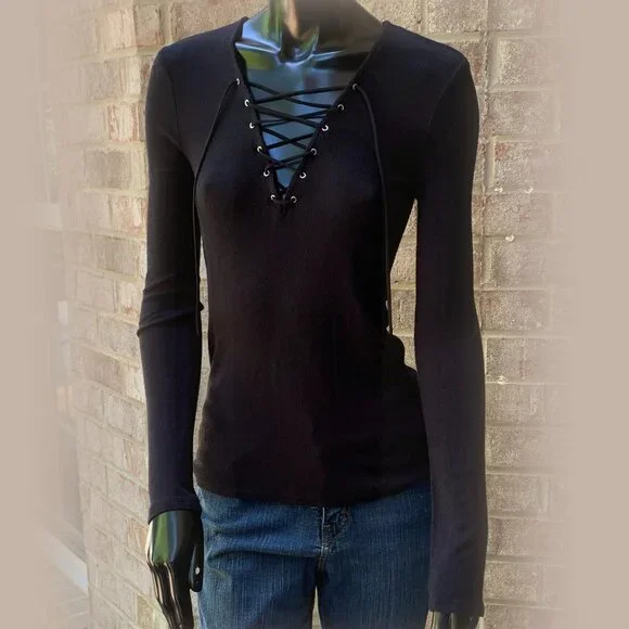 Express Ribbed Lace-Up V-Neck Long Sleeve Top - Picture 2 of 13